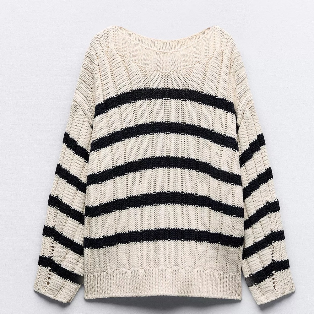 Zara Cream and Black Striped Sweater